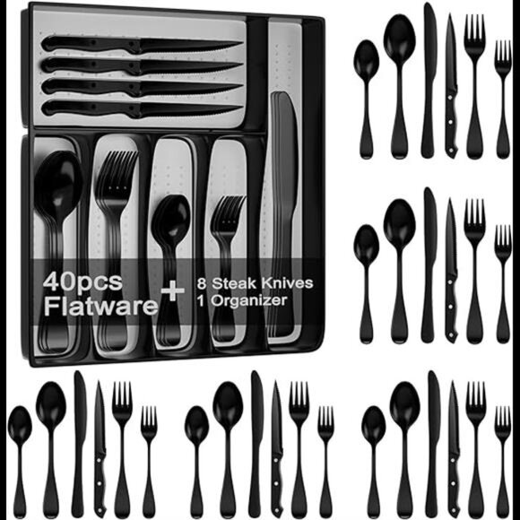 49-Piece Black Silverware Set with Drawer Organizer, Stainless Steel Cutlery - Picture 7 of 7
